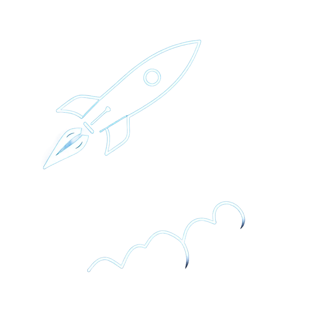 rocket launching upward, success and growth symbol, neon blue glow, minimal design without background
